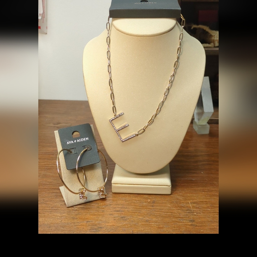 Sparkly Bling Initial 'E' Necklace & Hoop Earrings Set NWT initial Jewelry set